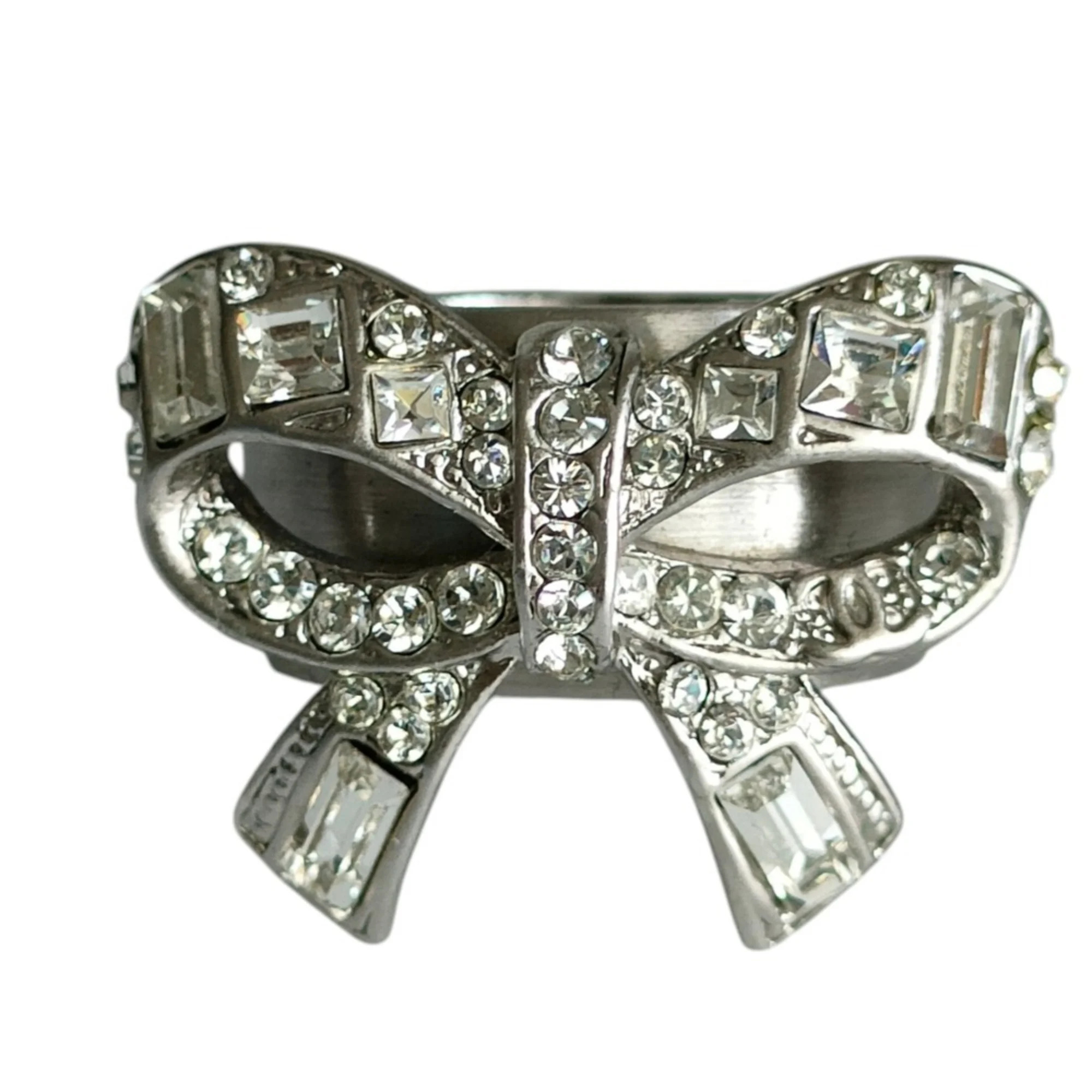 Chanel Rhinestone Ribbon Motif Ring, Silver Color, Women's Accessory (Size 1)